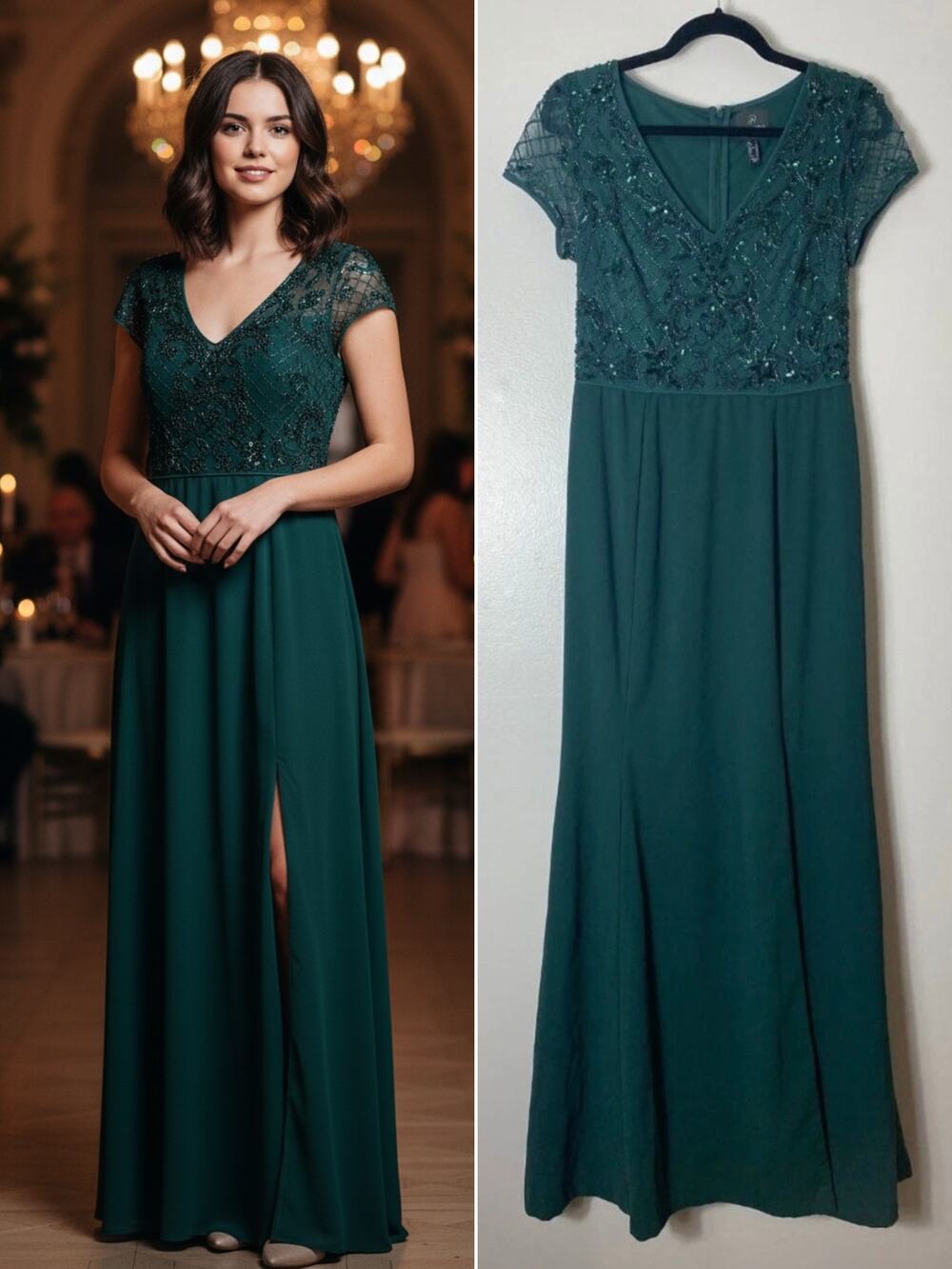 Adrianna Papell Green Sequin Beaded Dress Wedding Guest Gown Holidays